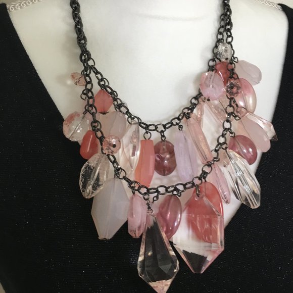 Gun Metal Silver Pink Acrylic Crystal Necklace - Picture 1 of 10